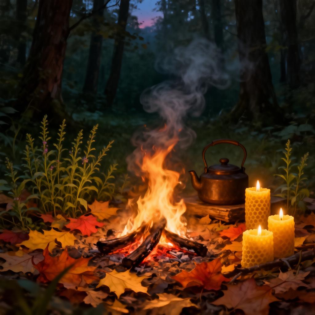 Fire, kettle and beeswax candles in an autumn woodland