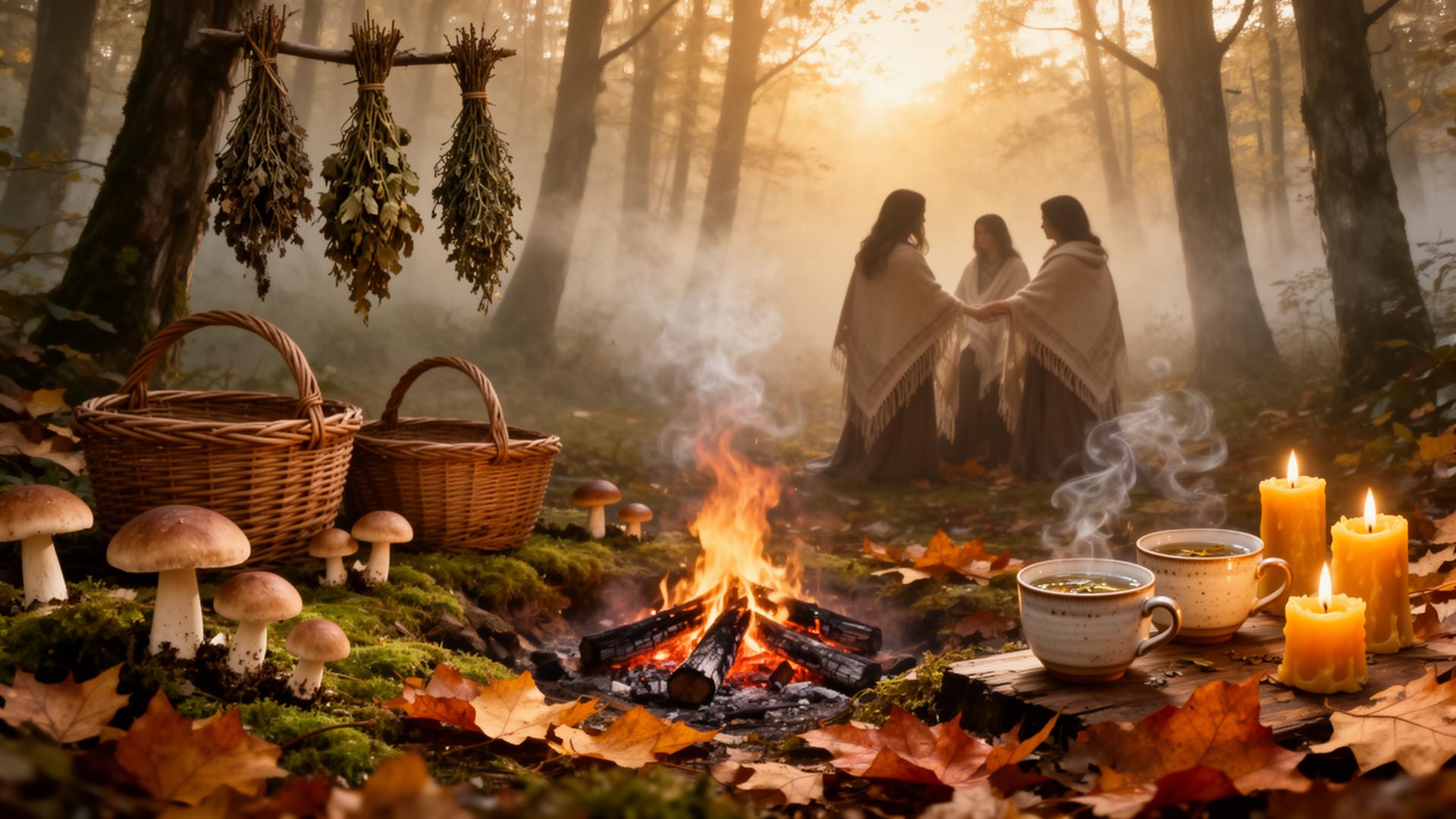 Autumn woodland gathering with mushrooms, fire and candles
